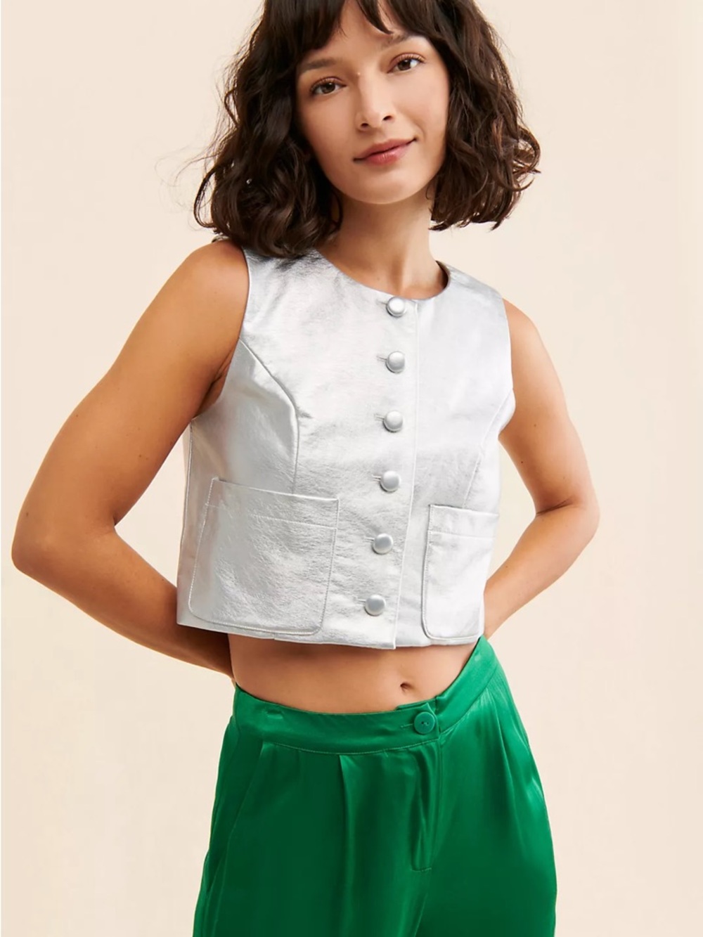Anthropologie Vest by Hutch Silver Metallic Crop Button Vest Top
